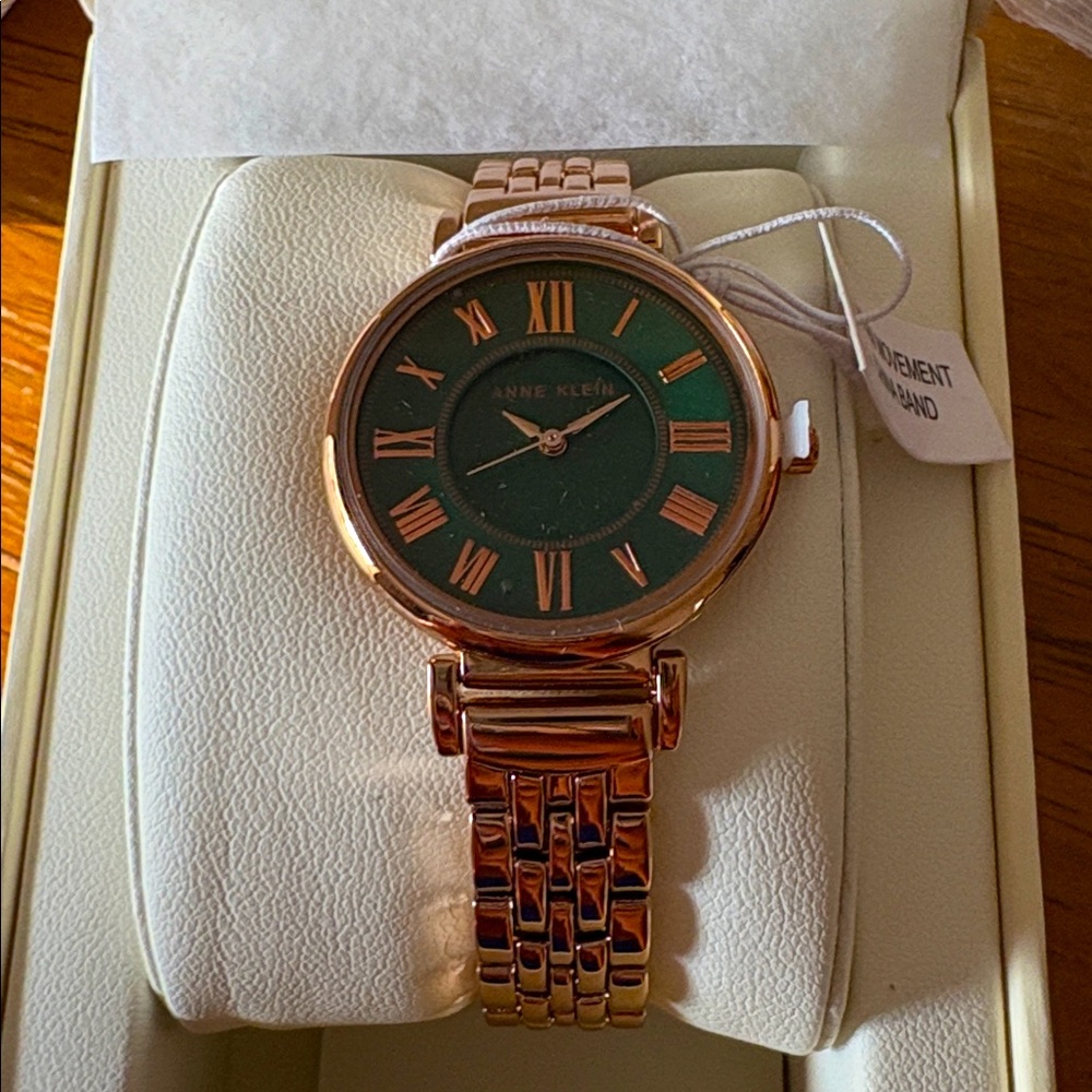 Anne Klein Ivory Women's Bracelet Green and Rose Gold Watch with Storage Box